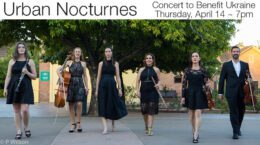 Urban Nocturnes - Concert to Benefit Ukraine - Thursday, April 14 ~ 7pm - photo of formally-dressed musicians carrying their instruments, walking toward camera