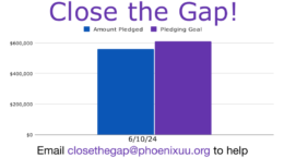Close the Gap! with chart showing amount still needed; email closethegap@phoenixuu.org to help