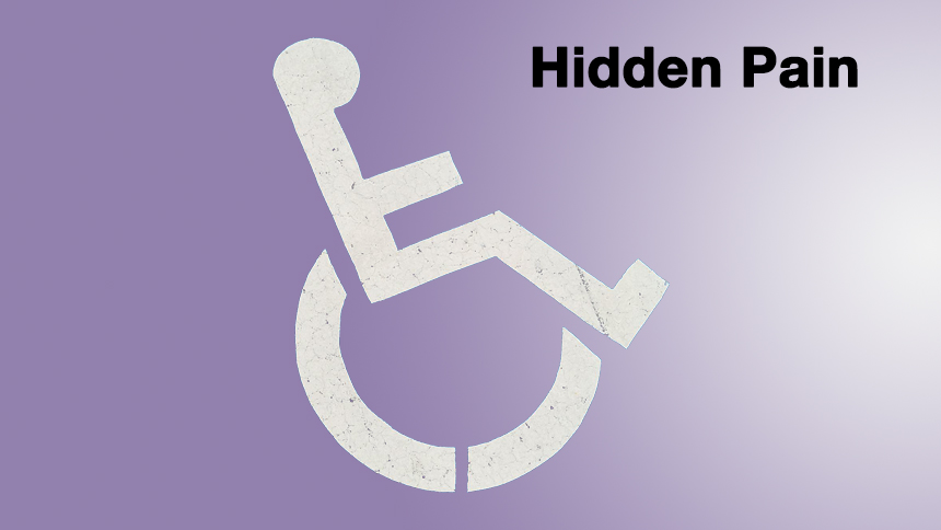 A wheelchair symbol on a gradient purple background with the words Hidden Pain in black