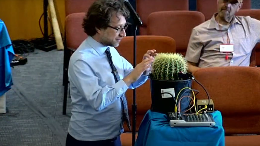 Benjie Messer playing a cactus as an instrument in the Sanctuary.