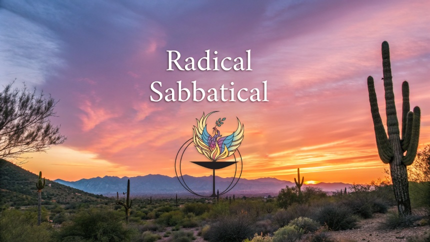 Radical Sabbatical white text and UUCP logo over desert sunrise background