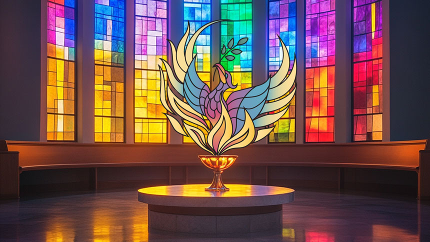 the UUCP logo on a pedestal infront of a multi-colored stain glass window.