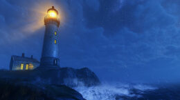 A lighthouse at night overlooking a rocky cliff and the ocean.