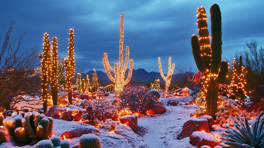 cacti decorated with Christmas lights in the desert at night, cloudy sky, snow on the ground