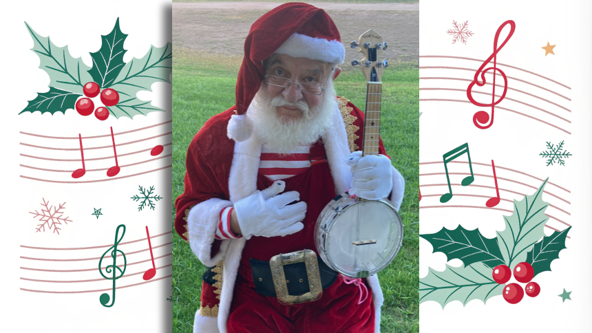 Santa carrying a white mini banjo - background is red & green musical notes and green holly leaves with red berries