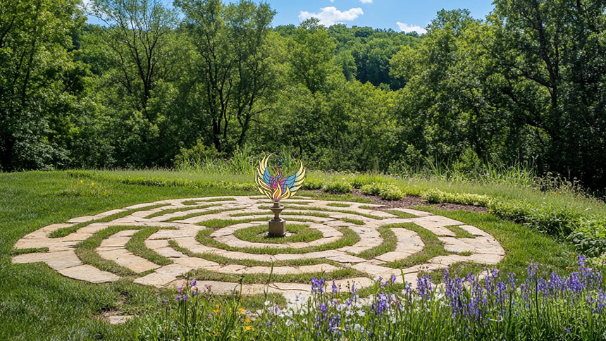 The UUCP Phoenix sits on top of a pedestal at the center of a UU labyrinth with trees in the background.