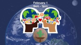 February 1 | 9am - 3pm | 2 stylized heads with flowers and the earth, facing each other | logo of green cactus with pink flowers in a brown chalice, inside a blue circle