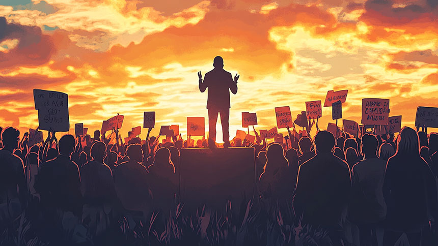 A group of people gather to listen to a speech at sunset.