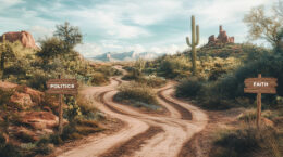 A stylized picture of a fork in the road in the desert, with a blue sky in the background and two signposts, one that reads politics, one that reads faith